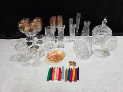 Vintage Iridescent Stemware, Carnival Glass, Crystal Dishes, Wax Seal Sticks, Brass Holders, 35pcs