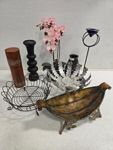 Eclectic Decorative Home Decor Set: Metal Centerpiece Bowl, Orchid, Candle Holders, Baskets, Vases