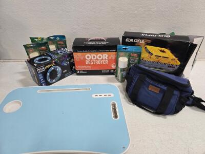 Portable Folding Lap Desk, Solar Lights, Off brand Legos, (8) Snow art in a can and more