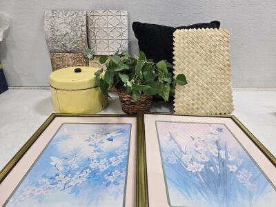 Mixed Home Decor Lot &ndash; 2 Framed Art Prints, Decorative Tile art, Metal Canister, Basket, Pillow