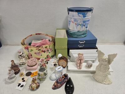 Vintage Porcelain Figurine & Decorative Box Collection&mdash;Floral Hat Boxes, Sailboat Tin, Mixed D&eacute;cor