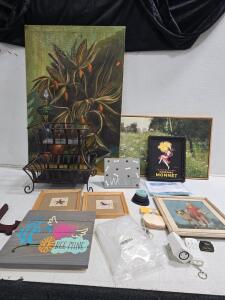 Mixed Wall Art Lot: Vintage Corn Still Life Oil, Cognac Monnet Poster, Framed Prints & Plaques
