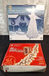 (1) 5 Foot Silver Tinsel Tree W/ Clear Lights & (1) 16-Foot, 400-Light GE Holiday Classics Sparkling Grapevine Decorating Garland W/ Clear Lights
