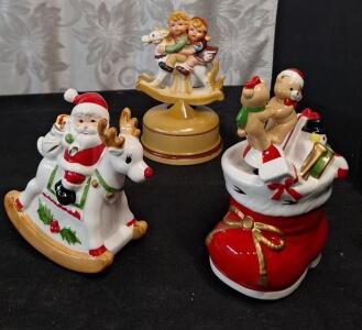 (3) Vintage 1980's Decorative Ceramic Animated Christmas Music Boxes