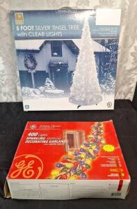 (1) 5 Foot Silver Tinsel Tree W/ Clear Lights & (1) 16-Foot, 400-Light GE Holiday Classics Sparkling Grapevine Decorating Garland W/ Multi-Colored Lights