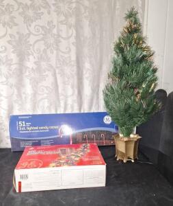 (1) 32" Fiber Optic Tree W/ AC Adapter, (1) 16-Foot, 400-Light GE Holiday Classics Sparkling Grapevine Decorating Garland W/ Multi-Colored Lights & (1) 3-Piece, 48" Lighted Candy Cane Set