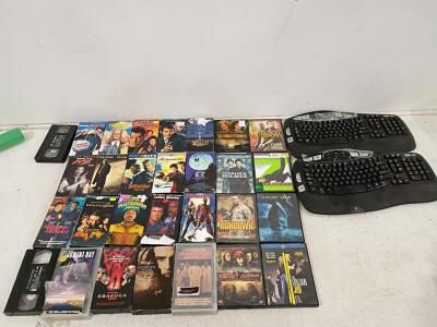 Mixed Lot of 20 VHS Tapes, 8 DVDs (Action/Comedy Classics) + 2 Logitech K350 Ergonomic Keyboards