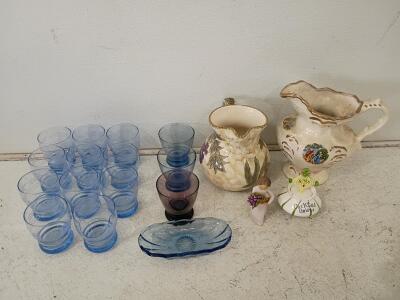 Vintage Glass & Ceramic Lot &ndash; 2 Pitchers, 13 Blue Tumblers, Blue Dish, Cocktail Onions Jar, Figurine