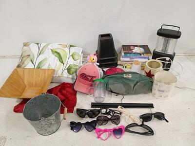 Mixed Lot: 7 Sunglasses, Trucker Hat, Lantern, Books, Fanny Pack, Pillow, Basket, Pots