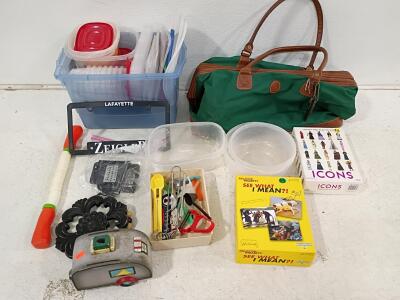 Mixed Lot: Green Canvas Duffel Bag, Food Storage Containers, Kitchen Tools, 2 Board Games, Frames