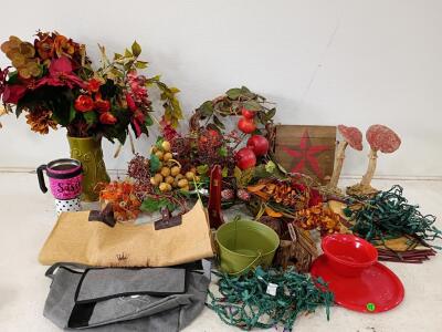 Large Mixed Lot Home Decor &ndash; Floral Arrangements, Wreath, Faux Fruit, String Lights, & More