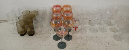 Vintage Assorted Etched and Colored Glassware Set &ndash; 30 Pieces