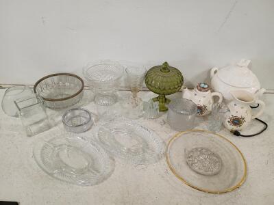 Mixed Vintage Pressed Glassware & Ceramic Serveware Lot, 17 Pieces, Divided Trays, Soup Tureen