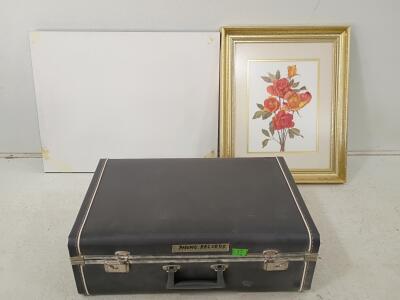 Framed Floral Art Print with Gold Tone Frame and Vintage Carrying Case