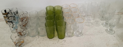 Vintage Mid-Century Glassware Lot: Duck, Green Bamboo, Etched, Gold t<br/>Toned Rim, Seattle, 35+ Pieces