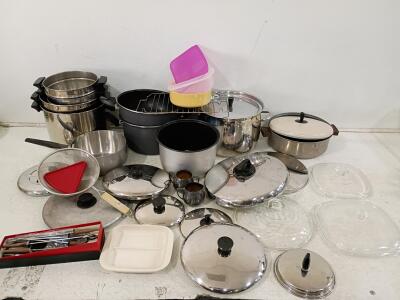 Large Cookware Lot: Stainless Pots/Pans, Glass Lids, Bakeware, Vintage Utensils, Food Storage