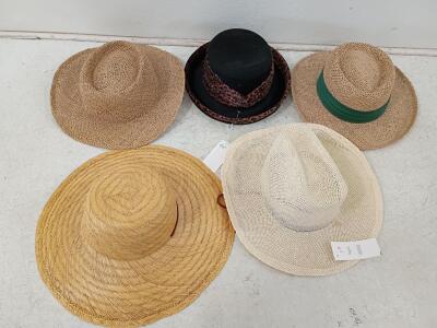 Assorted Hats: Black Felt Fedora with Leopard Band & 4 Straw Hats