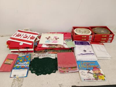 Holiday Decor Lot: 6 Skytimer 9.5" Caroling Clocks, Gift Bags, Felt Batting, Book, Envelopes