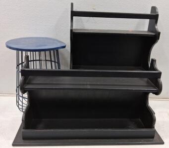 Pair of Black Freestanding Wooden Display Shelves Decorative Sides and Blue Table