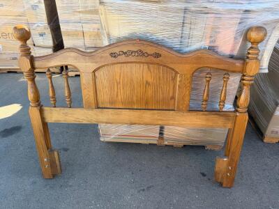 Traditional Oak Wood Full Size Headboard with Spindle Posts and Carved Acorn Crest