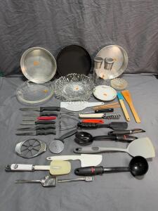 Large Mixed Kitchen Utensil & Bakeware Lot &ndash; 30+ Pieces, Forever Sharp Knives, OXO, Glass Bowls