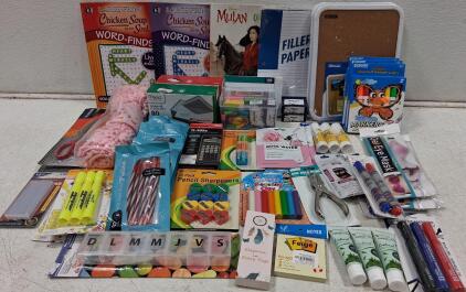 Mixed Lot School Office Supplies &ndash; TI-30Xa Calculator, Large Print Books, Markers, Cork Board