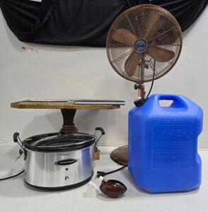 Powers on Hamilton Beach 6-Quart Slow Cooker, Brushed copper Stand Alone Fan, Water Jug, Small Side Table