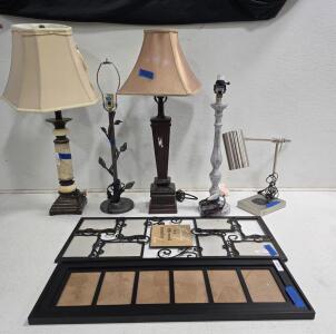 Mixed Lot: 5 Table Lamps (Cream, Bronze, Metal Desk, Rustic) & Wall Decor Frames, Up to 29" Tall