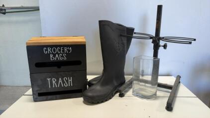Dunlop Protomastor Black PVC Work Boots, Standing dog dish holder, Wooden bag holder