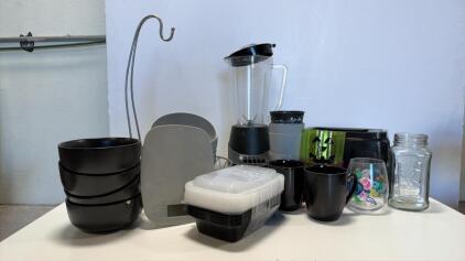 Misc Kitchen Lot: Marble Base Metal Fruit Basket with Banana Hook, Blender, Toaster, various cups and bowls, food scale