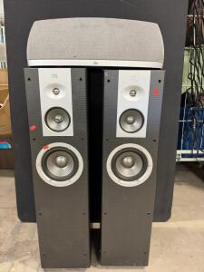 JBL Venue Stage Floorstanding Speakers Pair & Venue Voice Center, 8 Ohms, 150W, Black/Silver