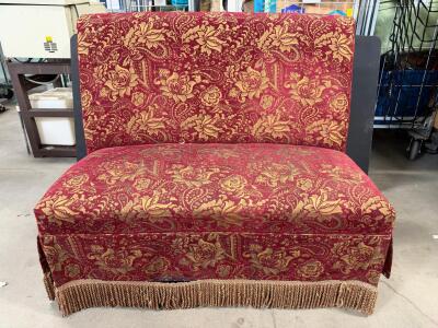 Vintage Armless Loveseat Settee, Red Gold Jacquard, Ornate Fringe, 48"x24"x41", Dated 2006