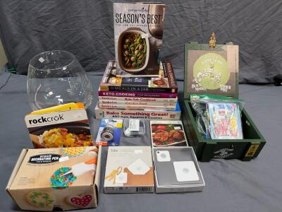 Kitchen Gadget & Cookbook Lot: Large Etched Glass Vase, Williams-Sonoma Pen, Tile Trackers, Alec Bradley Box