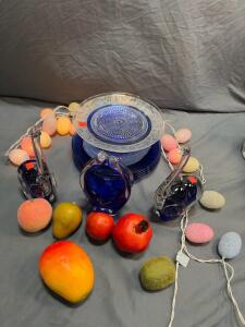 Cobalt Blue Glass Plate Set, Clear Serving Plate, 2 Glass Elephant Figurines, Pastel String Lights
