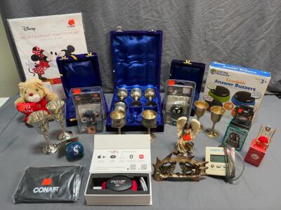 Mixed Lot: 10 total Vintage Silver-Plated Goblets (2- sets of 2 & 1-set of 4) with Engraved Patterns in Presentation Box, Numerous Nik Nak items, Christmas