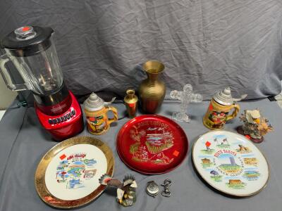 Bald Eagle Decorative Figurine, Three- State representing plates, Coleman Blender, Solid Vase, Two Beer steins