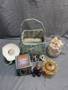 Mixed Lot: 2002 Budweiser Holiday Stein "Guiding The Way Home" with Original Box and COA, Bill Engvall figure, Glass water pitcher, basket and desk lamp