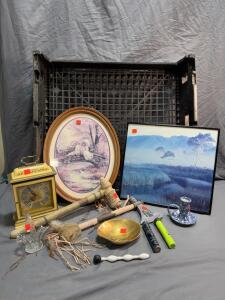 Industrial Plastic Storage Crate, Black, 23.6" x 15.4" x 7.0", HDPE, Stackable, Ventilated, Picture-Beach Landscape and Cottage, Vintage Clock, Numerous Nik Nacs, 2- Smartlight batteries