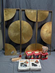 Set of 3 Gold Metal Sunburst Wall Art Panels, 3 Holiday Mugs, 2 Yaktrax Walk, LED Girlfriend Plaque