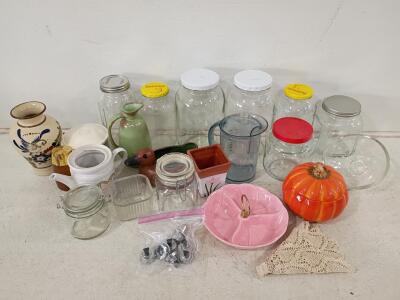 Mixed Lot: Ball & Farmans Glass Jars, Ceramic Vases, Pitchers, Decorative Kitchen & Home Items,