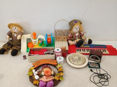 Mixed Lot: Playskool Toy, Fall Scarecrow Dolls, Toy Keyboard, Welcome Wreath, Clock, Cookie Cutters