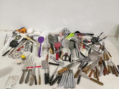 Mixed Lot of 60&ndash;80 Kitchen Utensils and Knives, Stainless Steel and Plastic, Various Styles