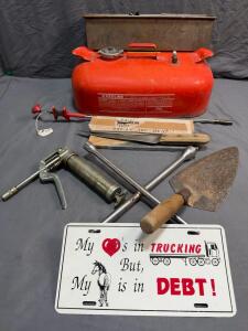 Vintage OMC 5.5 Gal Gasoline Tank, Dexter Knife, Grease Gun & Mixed Tool Lot Garage Decor