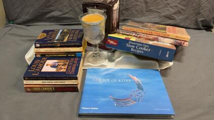 Vintage Book Lot and Collectible Fostoria Heart & Diamond Loving Cup Candle