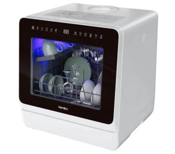 Hermitlux HDW5CWO1 Countertop Dishwasher, 4 Settings, 7 Wash Programs, 5L Tank, Black Glass