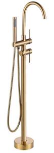 Brushed Gold Freestanding Bathtub Faucet Floor Mount Tub Filler, Handheld Sprayer, Solid Brass