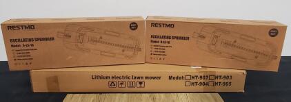 BEST Lithium Electric Lawn Mower HT-90X Series & 2 RESTMO O-LS-10 Oscillating Sprinklers, New Boxed