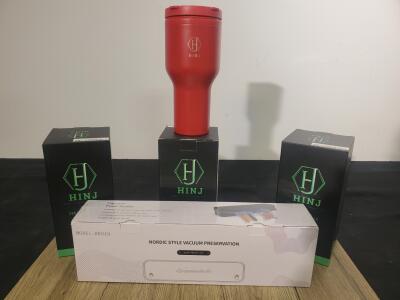 (3) HINJ 30 oz Insulated Red Tumbler & Nordic Style Vacuum Food Sealer Model HK049, Set