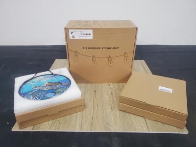 S14 Outdoor String Light with S14 LED Bulbs, 48ft, 120V & (4) 12" Sea Turtle Stained Glass Art
