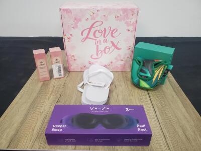 Love in a Box Gift Set: Lumine Hair Removal, VEEZE Sleep Mask 3-Pack, Flip-Flops, Tumbler, Socks